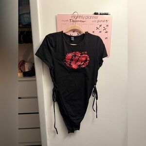 SHEIN Black Bodysuit with Red Dragon Graphic. High Leg Tie Design